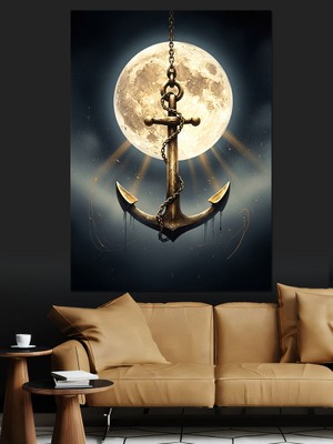 Tablomega Dolunayda Parlayan Deniz Çapası Tablosu Dekoratif Kanvas - Mdf Ahşap Tablo