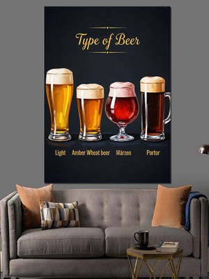 Tablomega "type Of Beer" Rehberi ve Bardaklar Dekoratif Kanvas - Mdf Ahşap Tablo