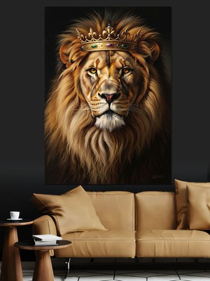 Tablomega Taçlı ve Görkemli Aslan Kral Dekoratif Kanvas - Mdf Ahşap Tablo