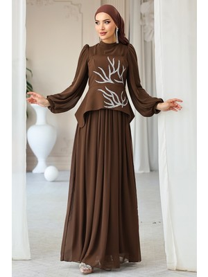 Olcay Önü Taş Desenli Krep ve Şifon Kombinli Tesettür Abiye Elbise KAHVE 1689