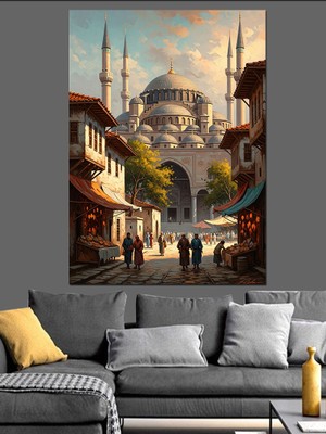 Tablomega Tarihi Istanbul Camii ve Sokak Dekoratif Kanvas - Mdf Ahşap Tablo