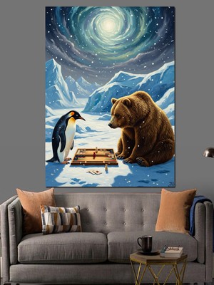 Tablomega Buzullar Arasında Satranç Oynayan Hayvanlar Dekoratif Kanvas - Mdf Ahşap Tablo