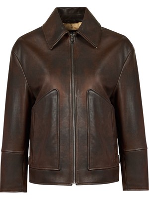 Derimod Garcia Kadın Kahverengi Gömlek Yaka Oversize Deri Ceket 25WGD5636VD