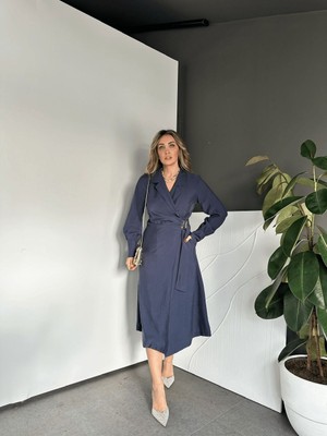 Magarde Kruvaze Tokalı Cepli Elbise- Lacivert