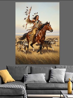 Tablomega At Üstünde Kızılderili Reisi Portresi Dekoratif Kanvas - Mdf Ahşap Tablo