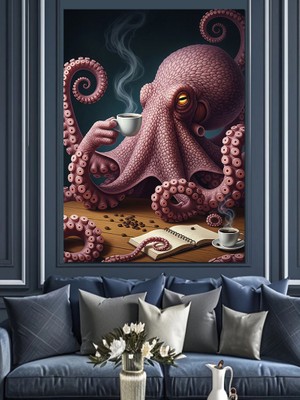 Tablomega Kahve Içen Dev Mor Ahtapot Dekoratif Kanvas - Mdf Ahşap Tablo