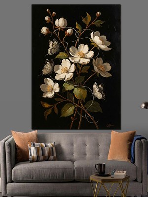 Tablomega Koyu Zemin Üzerinde Beyaz Çiçekler Dekoratif Kanvas - Mdf Ahşap Tablo