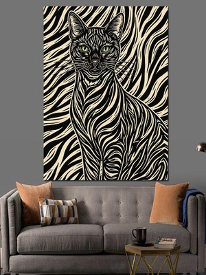Tablomega Zebra Desenli Sanatsal Kedi Portresi Dekoratif Kanvas - Mdf Ahşap Tablo