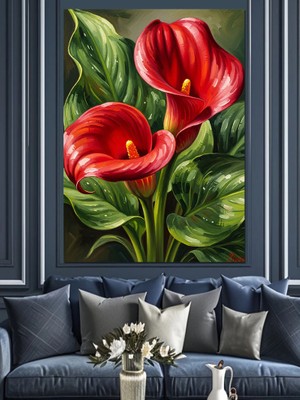 Tablomega Büyük Kırmızı Kalla Zambak Çiçekleri Dekoratif Kanvas - Mdf Ahşap Tablo