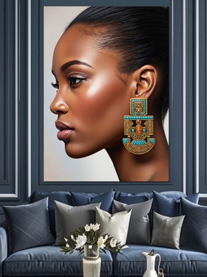 Tablomega Etnik Küpeli Modern Afrikalı Kadın Dekoratif Kanvas - Mdf Ahşap Tablo