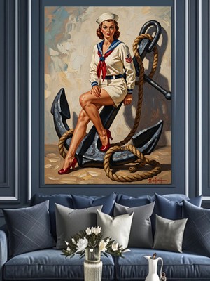 Tablomega Çapa Önünde Pin-Up Kızı Dekoratif Kanvas - Mdf Ahşap Tablo