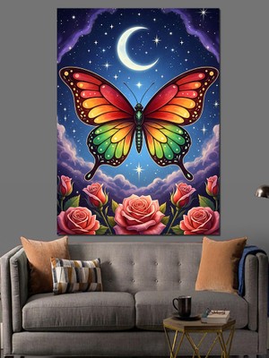 Tablomega Yıldızlı Gece ve Renkli Kelebek Dekoratif Kanvas - Mdf Ahşap Tablo
