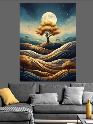 Tablomega Gece Yarısı Altın Ağaç Dekoratif Kanvas - Mdf Ahşap Tablo