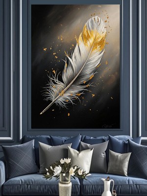 Tablomega Altın Tozlu Beyaz Tüy Dekoratif Kanvas - Mdf Ahşap Tablo