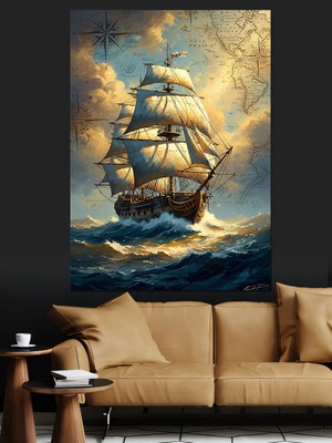 Tablomega Dalgalı Denizde Klasik Beyaz Yelkenli Dekoratif Kanvas - Mdf Ahşap Tablo