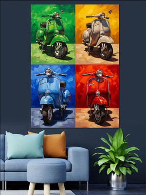 Tablomega Renkli Dörtlü Scooter Seti Dekoratif Kanvas - Mdf Ahşap Tablo