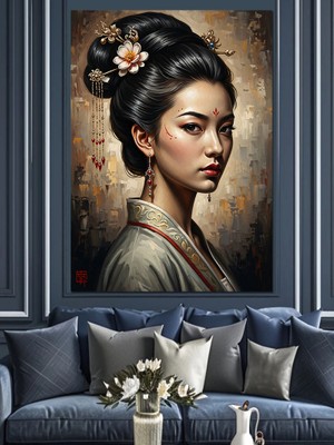 Tablomega Geleneksel Kıyafetli Japon Kadın Portresi Dekoratif Kanvas - Mdf Ahşap Tablo