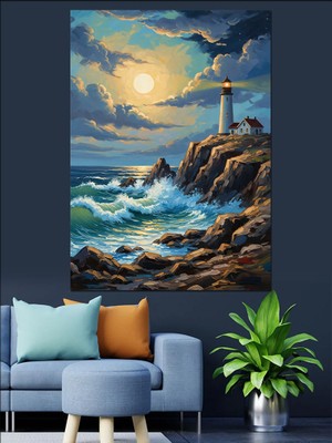 Tablomega Gece Işıklarında Deniz Feneri Manzarası Dekoratif Kanvas - Mdf Ahşap Tablo