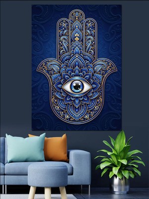 Tablomega Mavi Taşlarla Işlenmiş Fatma Ana Eli Dekoratif Kanvas - Mdf Ahşap Tablo