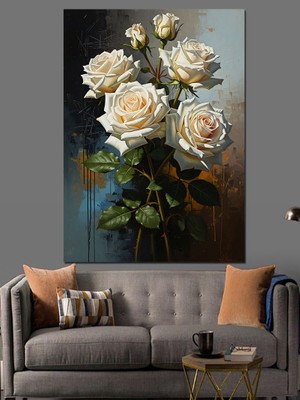 Tablomega Vazoda Beyaz Güller Portresi Dekoratif Kanvas - Mdf Ahşap Tablo