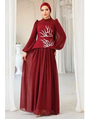 Olcay Önü Taş Desenli Krep ve Şifon Kombinli Tesettür Abiye Elbise BORDO 1689