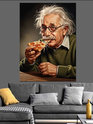 Tablomega Pizza Yiyen Albert Einstein Portresi Dekoratif Kanvas - Mdf Ahşap Tablo