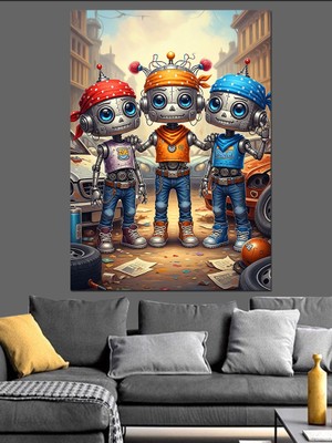 Tablomega Üçlü Robot Arkadaşlar Portresi Dekoratif Kanvas - Mdf Ahşap Tablo