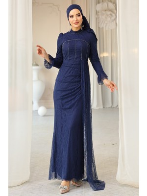 Olcay Beli Pelerin Detaylı Taş Süslemeli Dantel Tesettür Abiye Elbise LACİVERT 1252