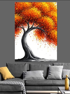 Tablomega Kırmızı ve Turuncu Yapraklı Ağaç Dekoratif Kanvas - Mdf Ahşap Tablo