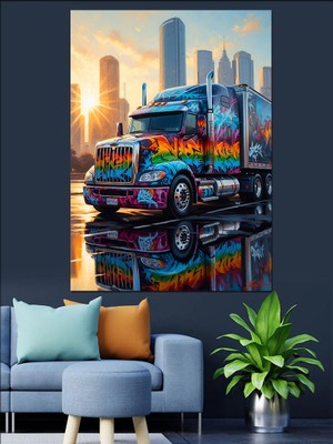 Tablomega Renkli Graffiti Desenli Büyük Tır Dekoratif Kanvas - Mdf Ahşap Tablo