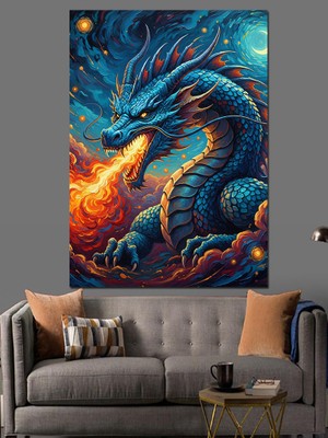 Tablomega Ateş Püskürten Mavi Fantastik Ejderha Dekoratif Kanvas - Mdf Ahşap Tablo