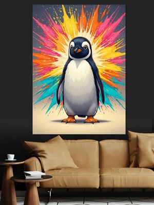 Tablomega Renk Patlamalı Sevimli Penguen Dekoratif Kanvas - Mdf Ahşap Tablo