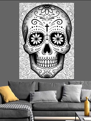 Tablomega Mandala Desenli Sanatsal Insan Kafatası Dekoratif Kanvas - Mdf Ahşap Tablo