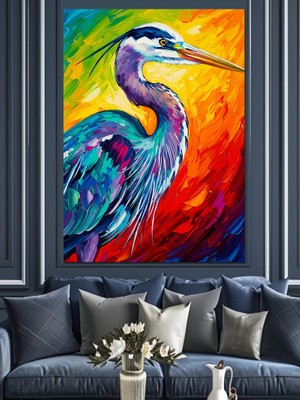 Tablomega Rengarenk Tüylü Balıkçıl Kuşu Portresi Dekoratif Kanvas - Mdf Ahşap Tablo