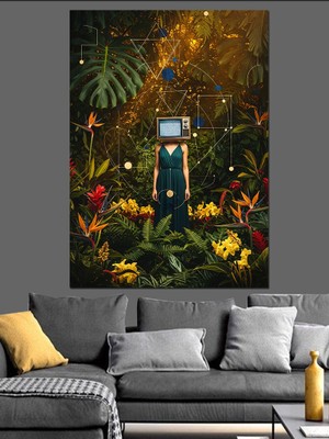 Tablomega Bitkiler Arasında Duran Küçük Robot Dekoratif Kanvas - Mdf Ahşap Tablo