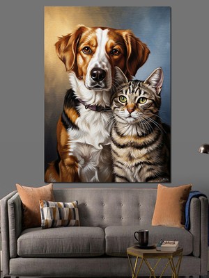 Tablomega Yan Yana Duran Köpek ve Kedi Dekoratif Kanvas - Mdf Ahşap Tablo