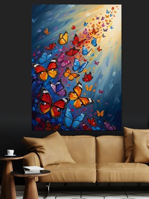 Tablomega Havada Uçan Renkli Kelebekler Sürüsü Dekoratif Kanvas - Mdf Ahşap Tablo