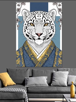 Tablomega Geleneksel Kıyafetli Kar Leoparı Dekoratif Kanvas - Mdf Ahşap Tablo
