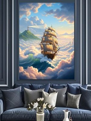 Tablomega Bulutlar Arasında Süzülen Yelkenli Gemi Dekoratif Kanvas - Mdf Ahşap Tablo