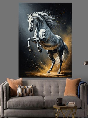 Tablomega Şahlanan Beyaz At Silüeti Dekoratif Kanvas - Mdf Ahşap Tablo