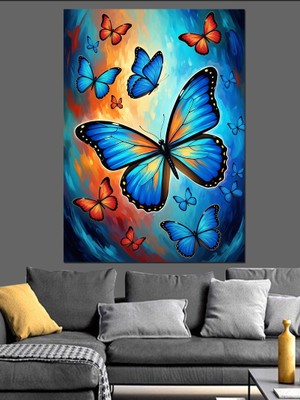 Tablomega Mavi Kelebekler Soyut Sanat Dekoratif Kanvas - Mdf Ahşap Tablo