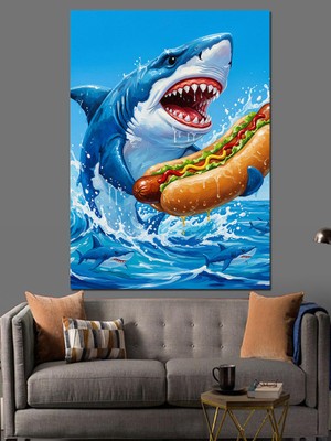 Tablomega Sosisli Yiyen Köpekbalığı Figürü Dekoratif Kanvas - Mdf Ahşap Tablo