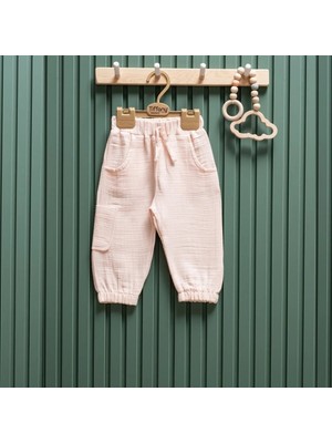 Tiffany Paça Lastikli Müslin Unısex Bebek Pantolon  - Pudra - 6 - 9 Ay Pudra