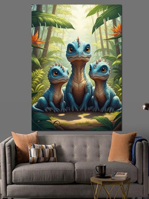 Tablomega Orman Içinde Üç Küçük Dinozor Dekoratif Kanvas - Mdf Ahşap Tablo