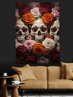 Tablomega Kafatasları ve Güller Arasında Kompozisyon Dekoratif Kanvas - Mdf Ahşap Tablo