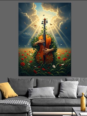 Tablomega Çiçek Tarlasında Klasik Müzik Enstrümanı Dekoratif Kanvas - Mdf Ahşap Tablo