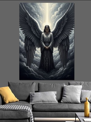 Tablomega Siyah Kanatlı Melek Figürü Dekoratif Kanvas - Mdf Ahşap Tablo