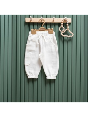 Tiffany Paça Lastikli Müslin Unısex Bebek Pantolon  - Ekru - 24 - 36 Ay Ekru