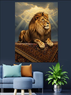 Tablomega Tahtta Oturan Aslan Kral Dekoratif Kanvas - Mdf Ahşap Tablo