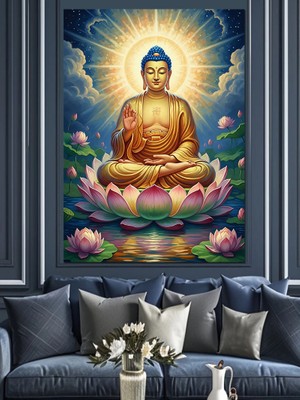 Tablomega Lotus Üzerinde Oturan Altın Buddha Dekoratif Kanvas - Mdf Ahşap Tablo